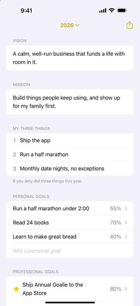The worksheet: vision, mission, three things and goals on one page