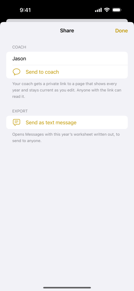 The share sheet with Send to coach