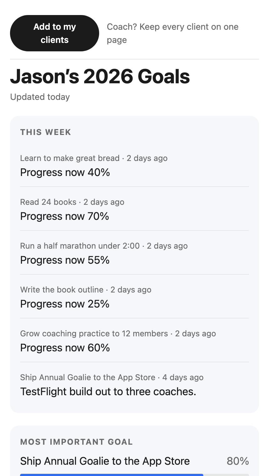 A coach page showing this week’s changes and the most important goal